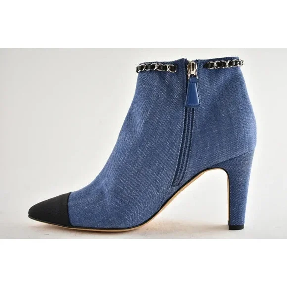 Chanel 20C Blue Denim Fabric Black Chain CC Logo Short Ankle Heel Boot Bootie 38 - Picture 7 of 12